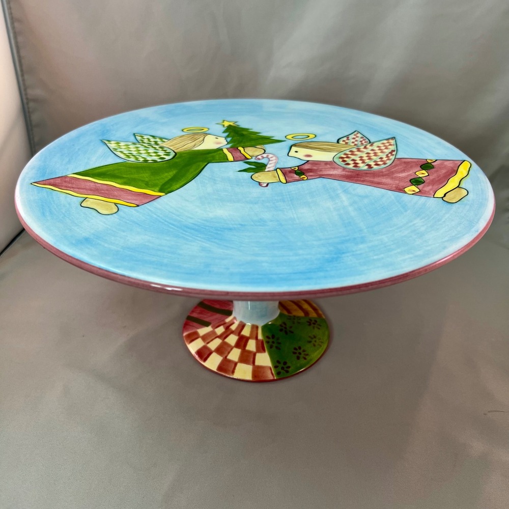 Laurie Gates Cake Stand Christmas Angels 11.5in Blue Excellent Hand Painted 2001